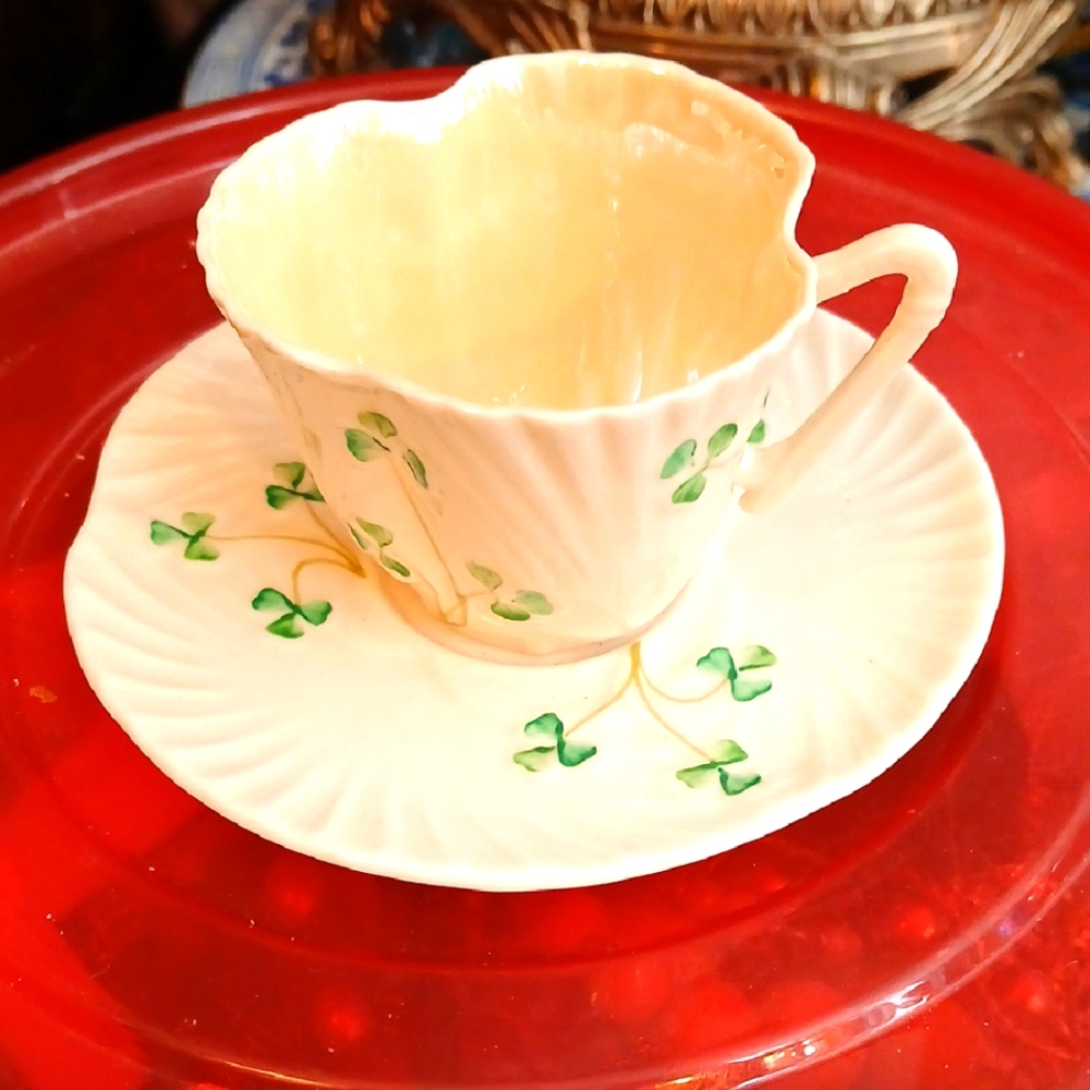 Cream and Green Shamrock Small Teacup and Saucer, 1965 - 1980
